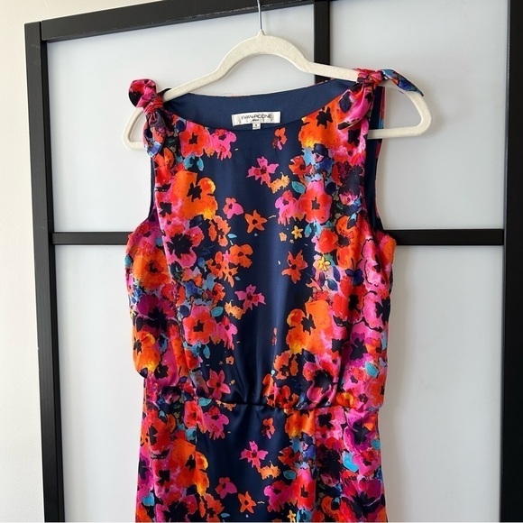 [6] Evan Picone Navy Blue Midi Length Dress with Orange & Pink Floral Pattern - Picture 4 of 10